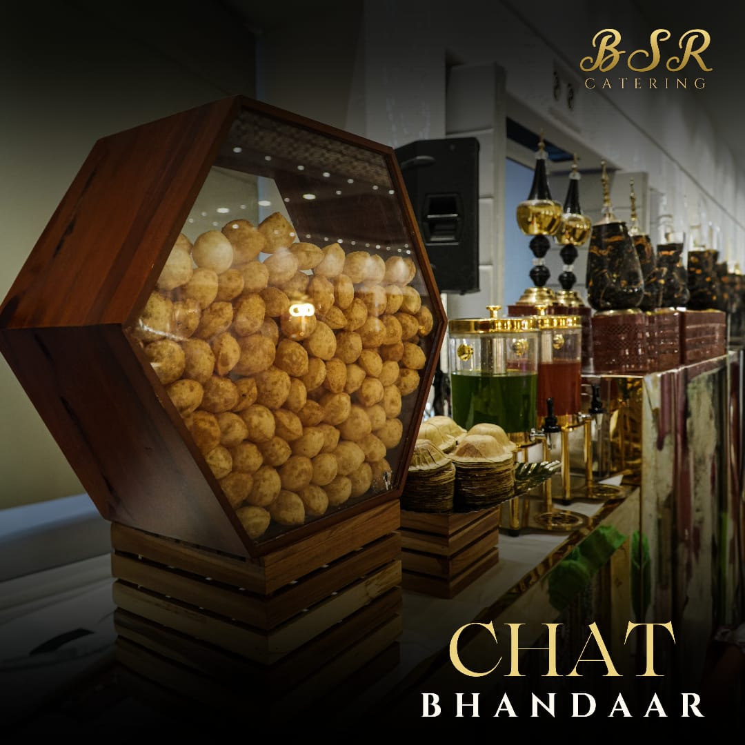 A decorative chaat counter prepared for service
